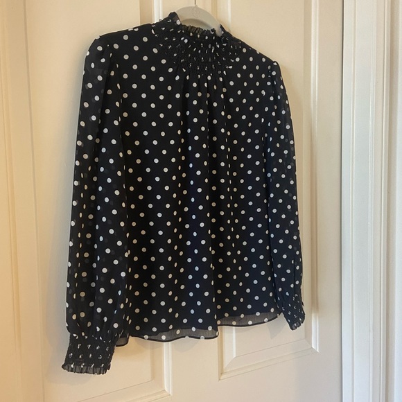 J.Crew Smocked Dot Crinkle Chiffon Top Size Small Polka Dot Black Blouse - Picture 5 of 7